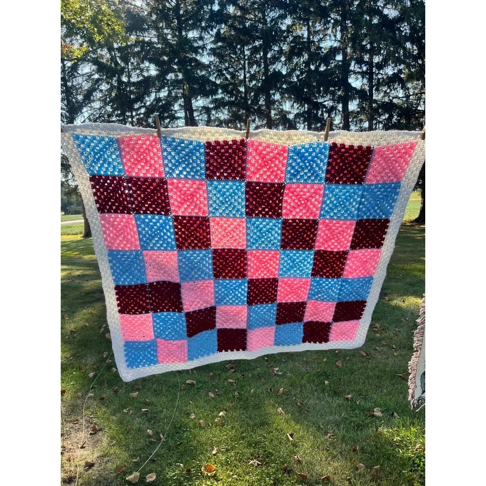 Crochet Granny Square Blanket Throw Afghan Pink Blue Burgundy Handmade 46